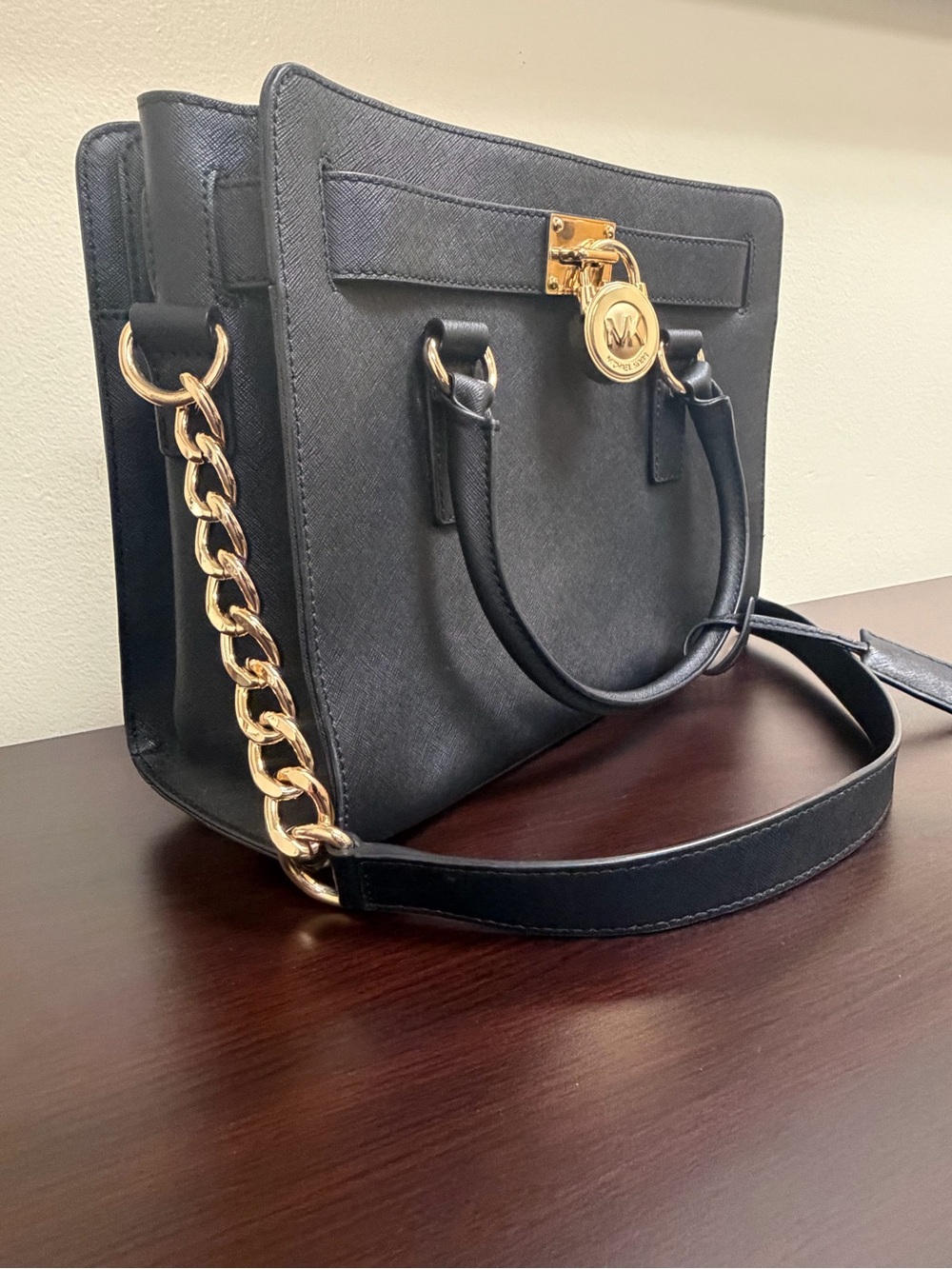 Michael Kors Black Leather Satchel with Gold Chain Accent